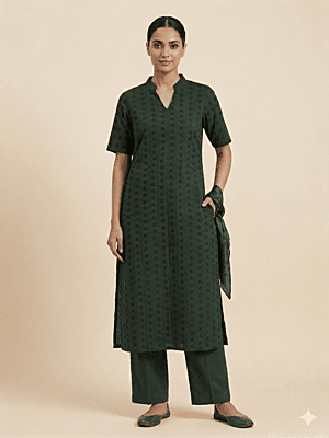 Dark Green Hakoba Cotton Kurti with V-Slit Neck – Elegant Daily Wear