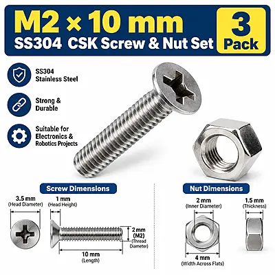 M2 × 10 mm SS304 CSK Screw & Nut Set – 3 Pack