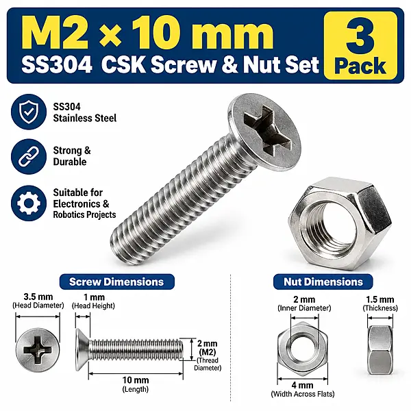 M2 × 10 mm SS304 CSK Screw & Nut Set – 3 Pack
