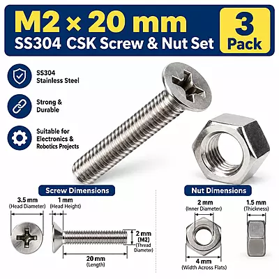 M2 × 20 mm SS304 CSK Screw & Nut Set – 3 Pack