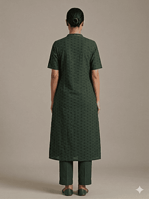 Dark Green Hakoba Cotton Kurti with V-Slit Neck – Elegant Daily Wear Dark Green Hakoba Cotton Kurti with V-Slit Neck – Elegant Daily Wear
