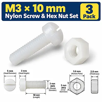 M3 × 10 mm Nylon Screw & Nut Set – 3 Pack