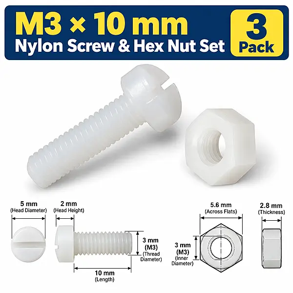 M3 × 10 mm Nylon Screw & Nut Set – 3 Pack