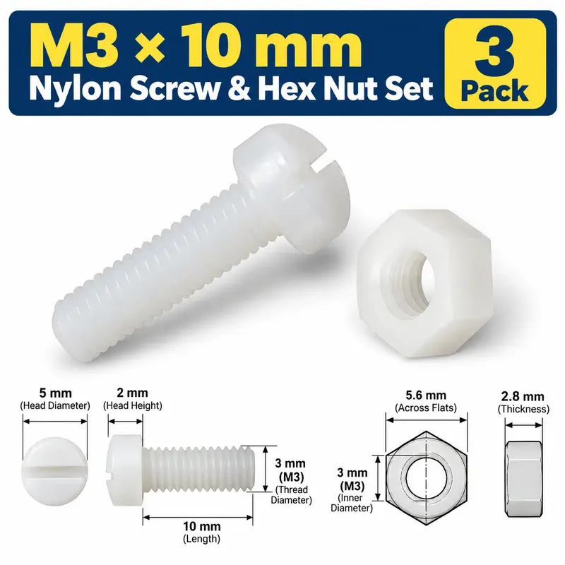 M3 × 10 mm Nylon Screw & Nut Set – 3 Pack