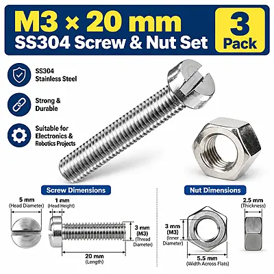 M3 × 20 mm SS304 Screw & Nut Set – 3 Pack