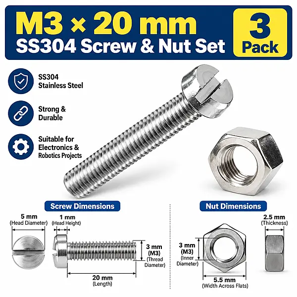 M3 × 20 mm SS304 Screw & Nut Set – 3 Pack