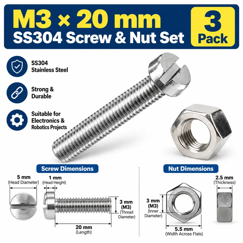 M3 × 20 mm SS304 Screw & Nut Set – 3 Pack