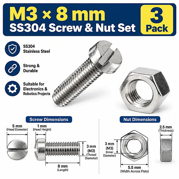 M3X8mm Screw and Nuts- Pack of 3