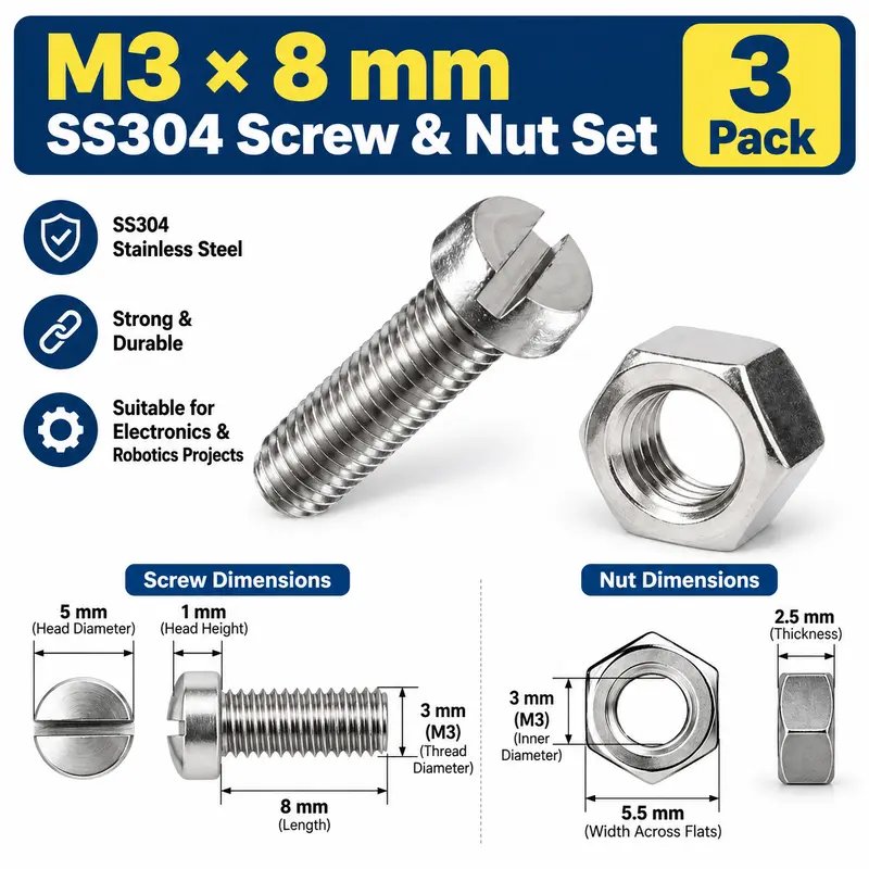 M3X8mm Screw and Nuts- Pack of 3
