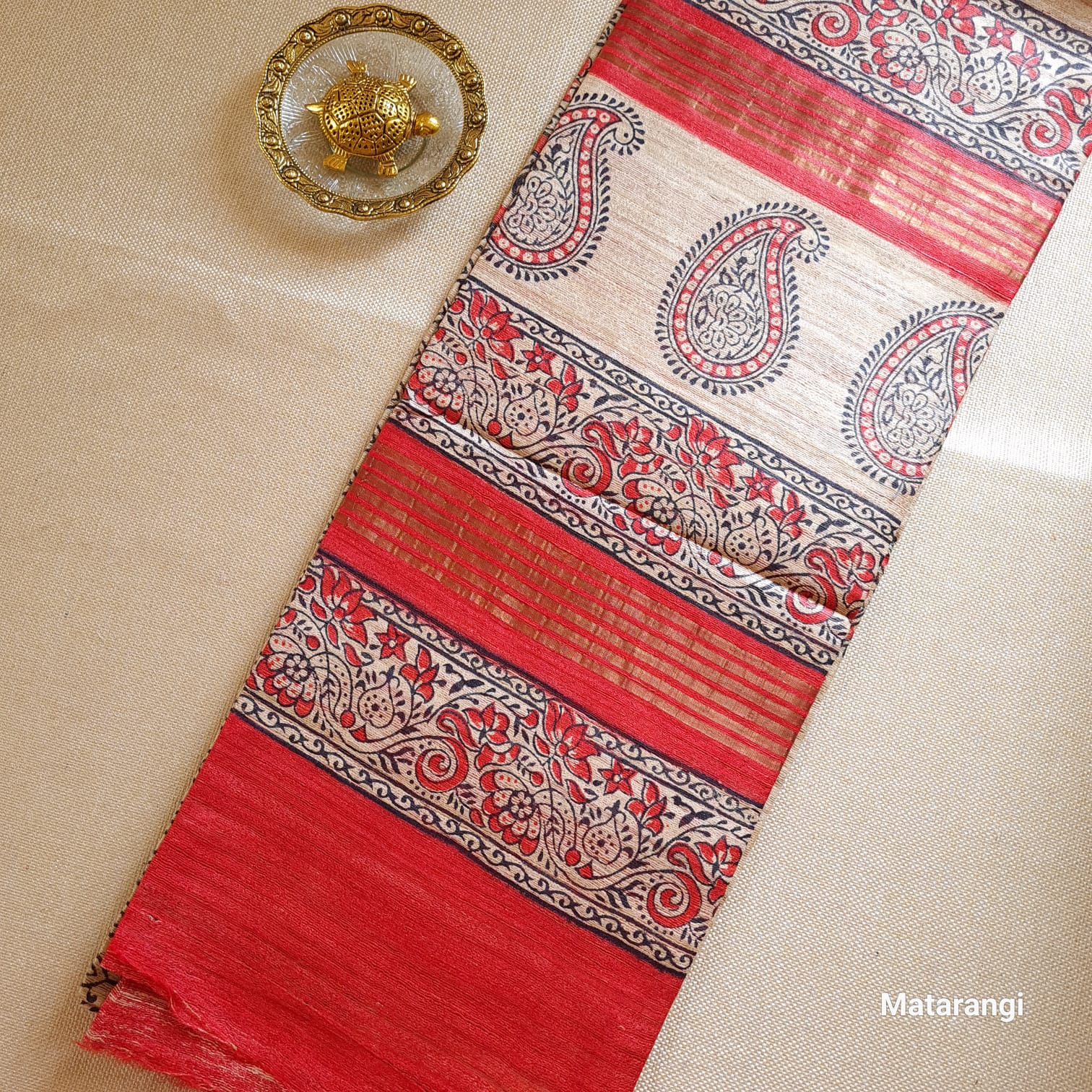Beige and Maroon Hand Block Printed Ghicha Tussar Silk Saree