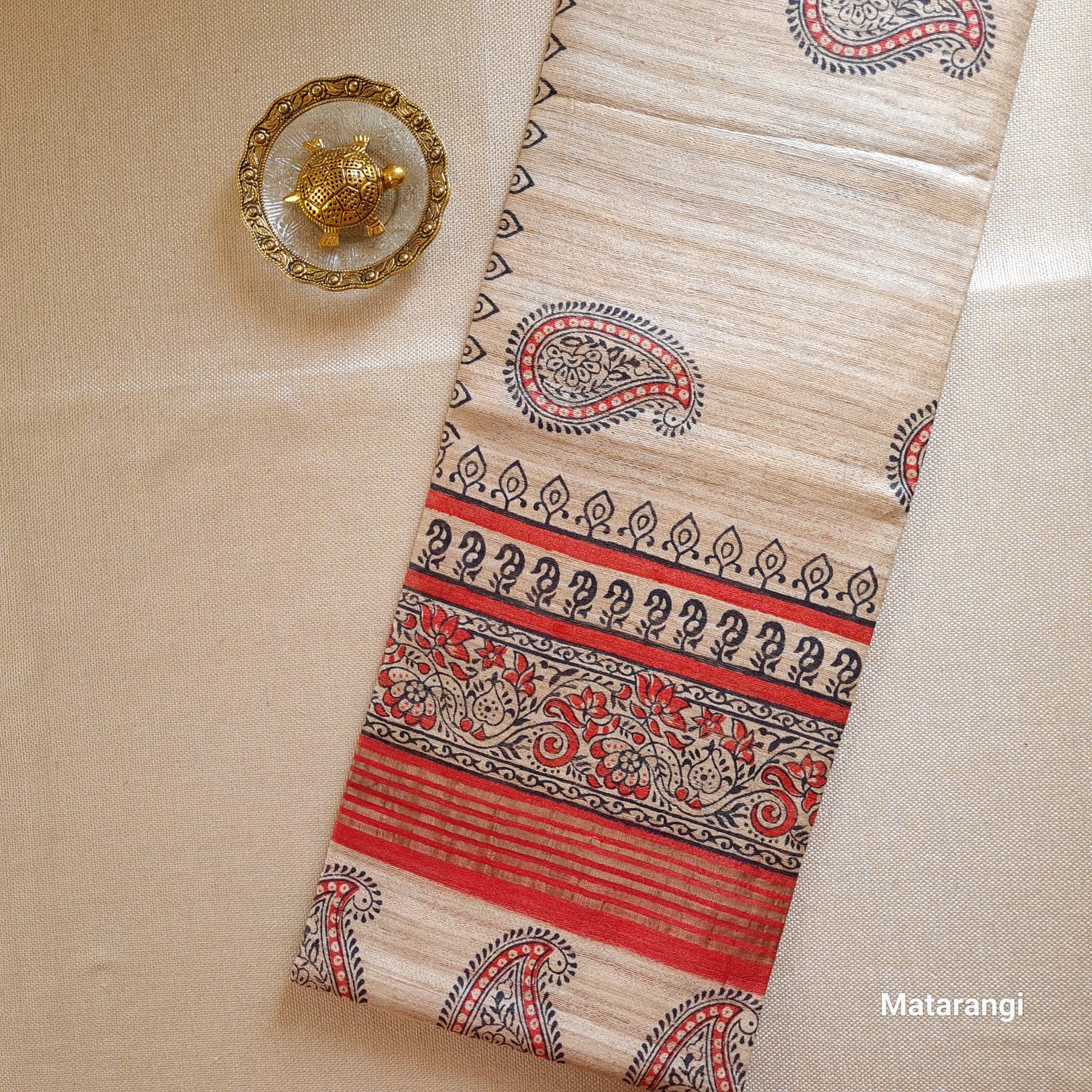 Beige and Maroon Hand Block Printed Ghicha Tussar Silk Saree