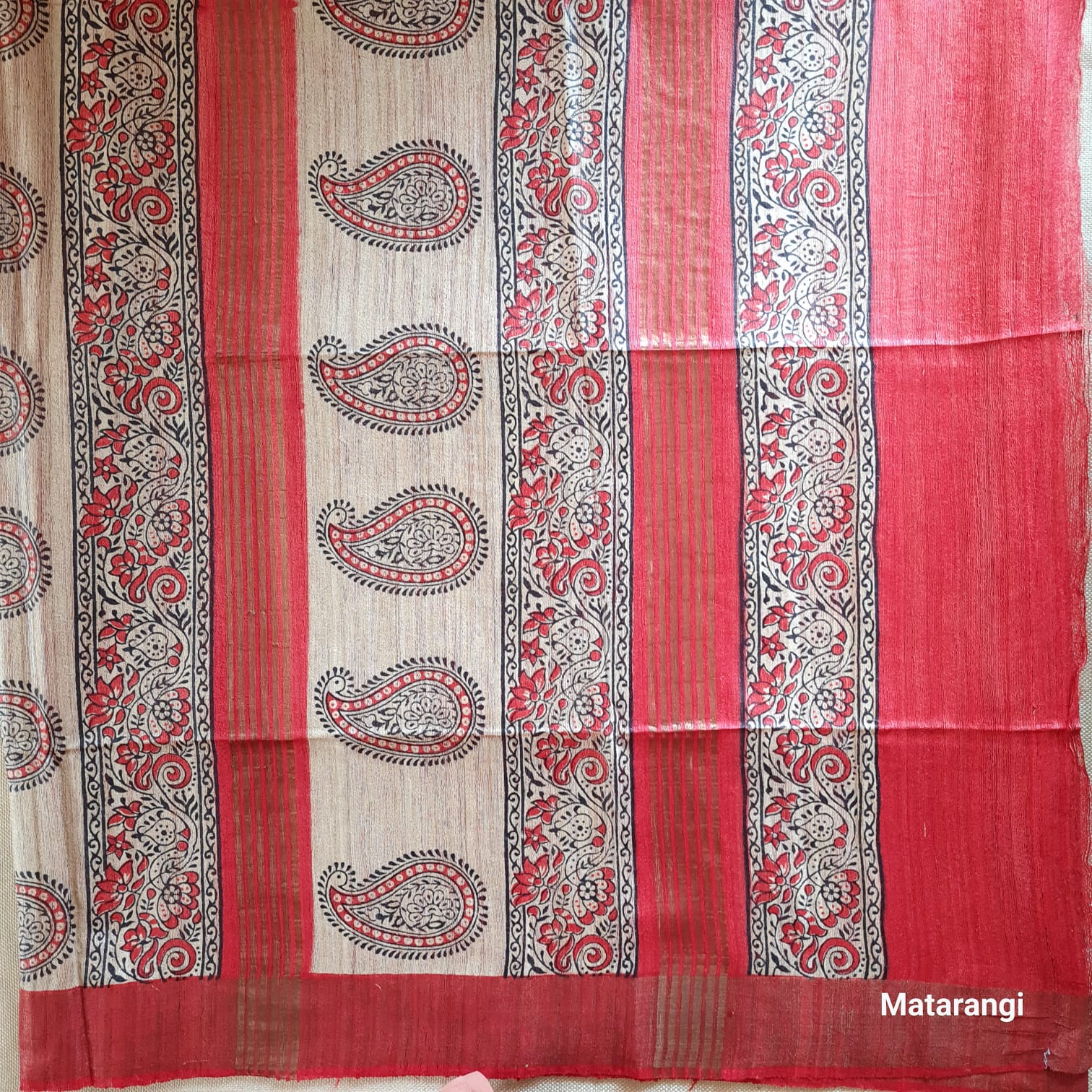 Beige and Maroon Hand Block Printed Ghicha Tussar Silk Saree