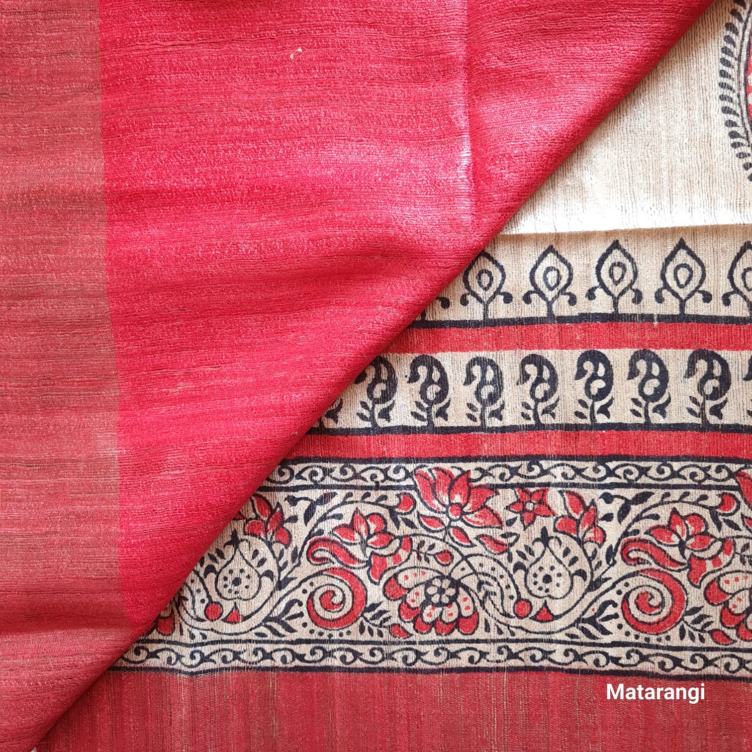 Beige and Maroon Hand Block Printed Ghicha Tussar Silk Saree