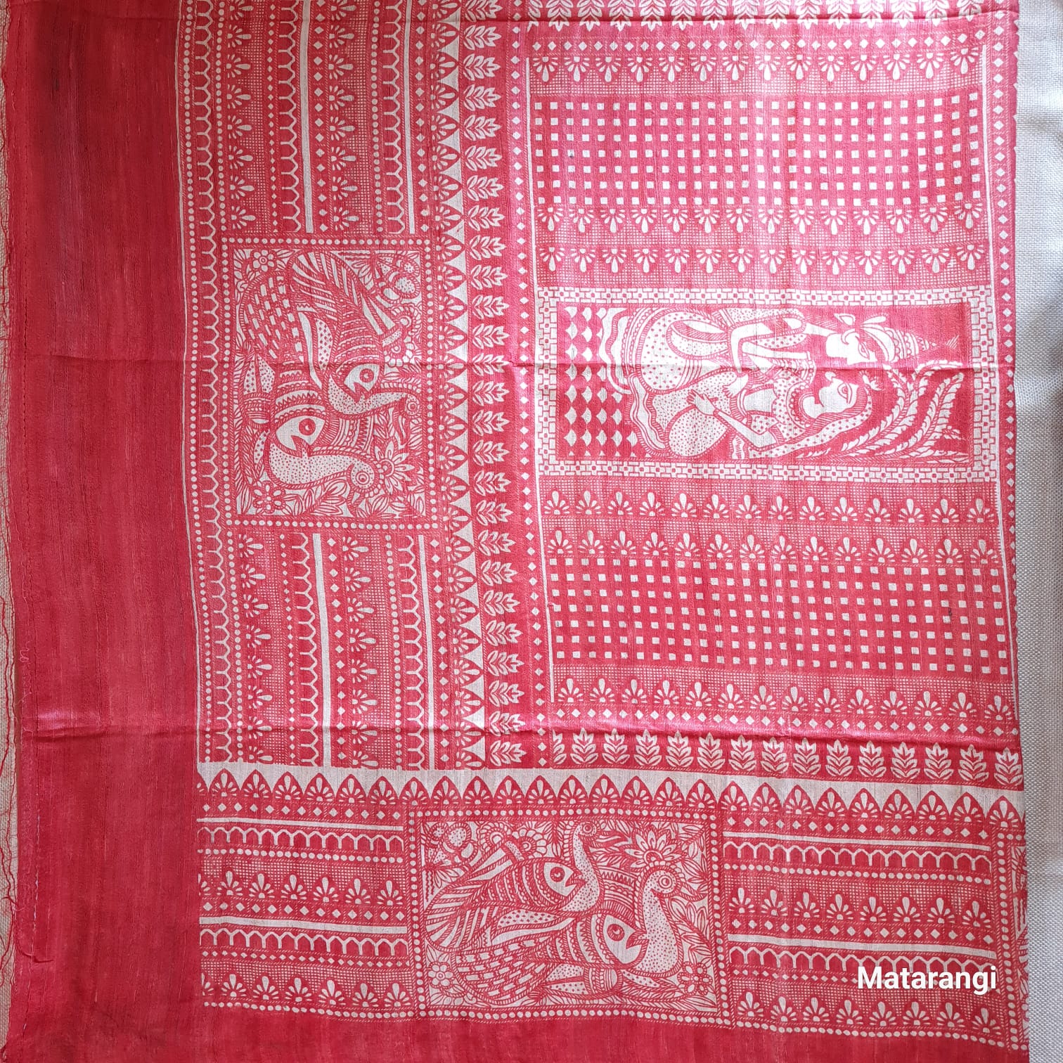 Cream and Red  Madubhani Hand Block Printed Ghicha Tussar Silk Saree