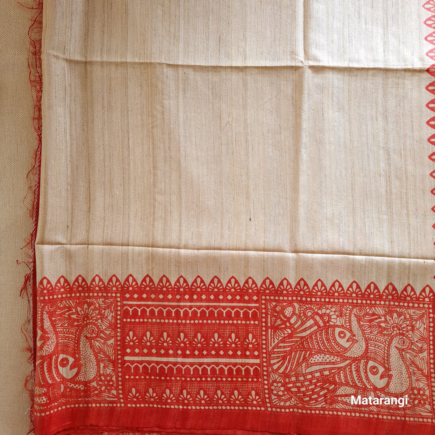 Cream and Red  Madubhani Hand Block Printed Ghicha Tussar Silk Saree