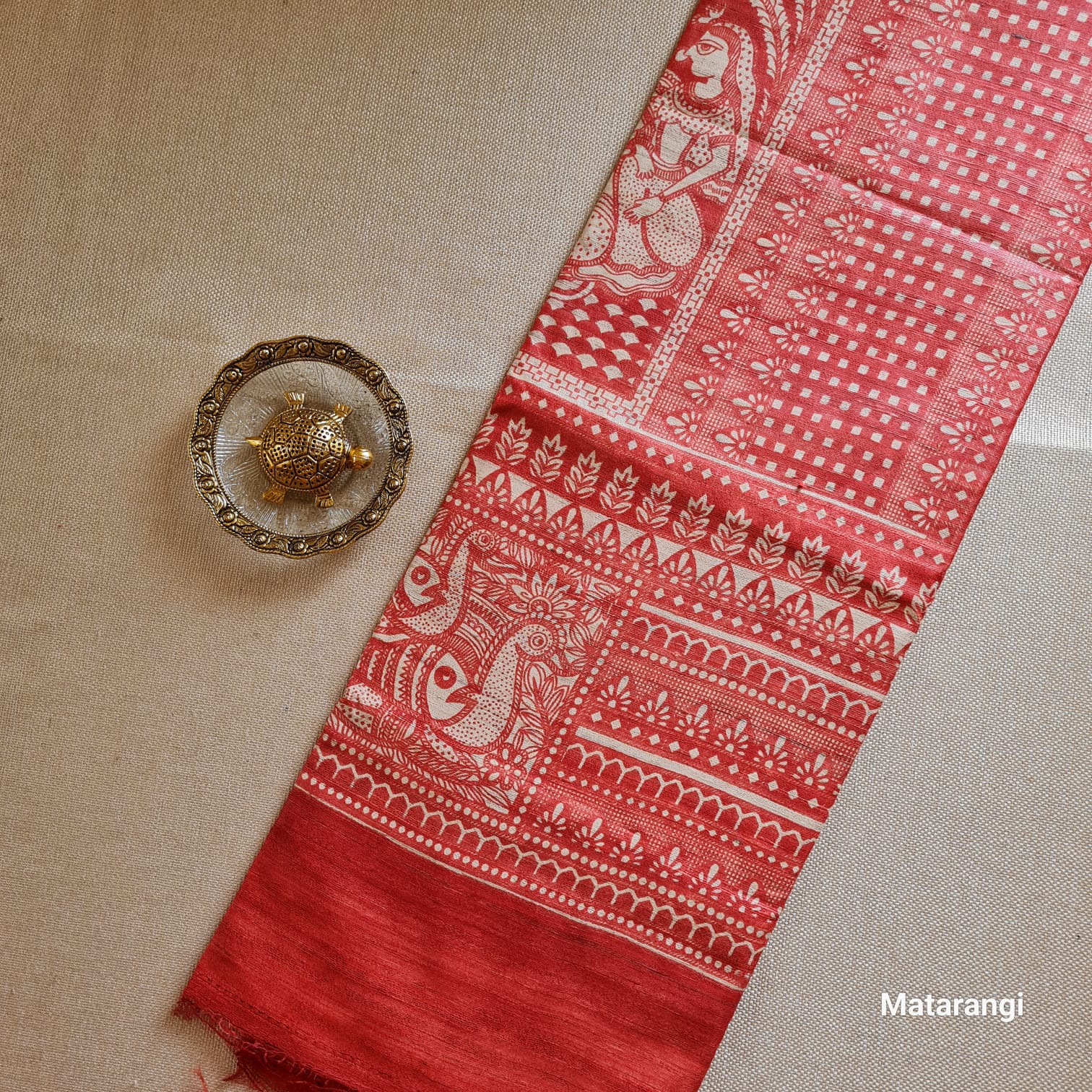 Cream and Red  Madubhani Hand Block Printed Ghicha Tussar Silk Saree