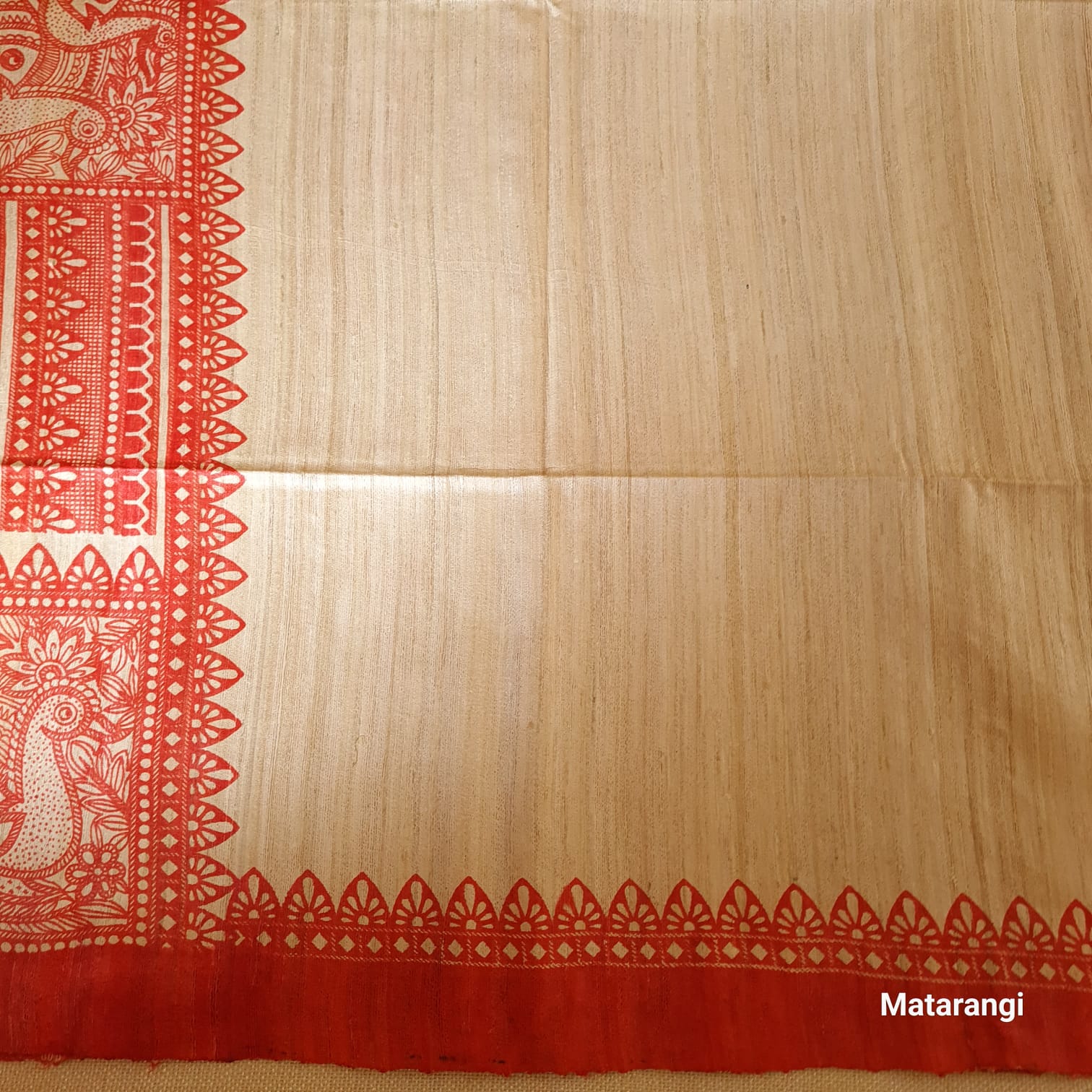 Cream and Red  Madubhani Hand Block Printed Ghicha Tussar Silk Saree
