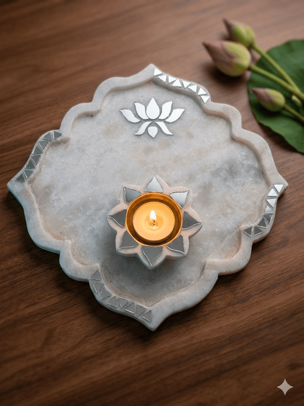 MARBLE PLATE & DIYA SET RANGOLI