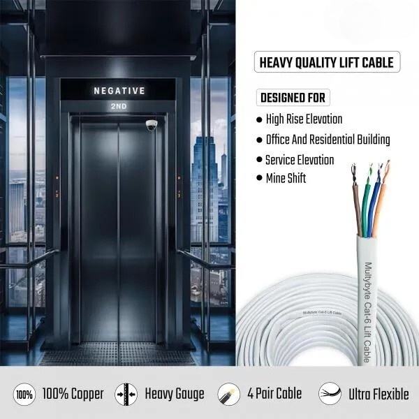 Cat 6 Cable, Lift Cable, Flat CCTV Cable for Lift , Durable and High Strength CCTV Cable for Elevator Systems -90M (Coil Pack) Cat 6 Cable, Lift Cable, Flat CCTV Cable for Lift , Durable and High Strength CCTV Cable for Elevator Systems -90M (Coil Pack)