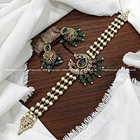 Premium Pearl Chokers With Peacock Design And Green Beads