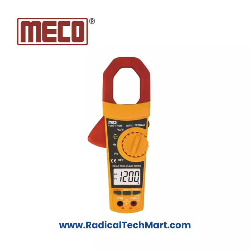 MECO 1080-TRMS Clamp Meter - Front View with Accessories