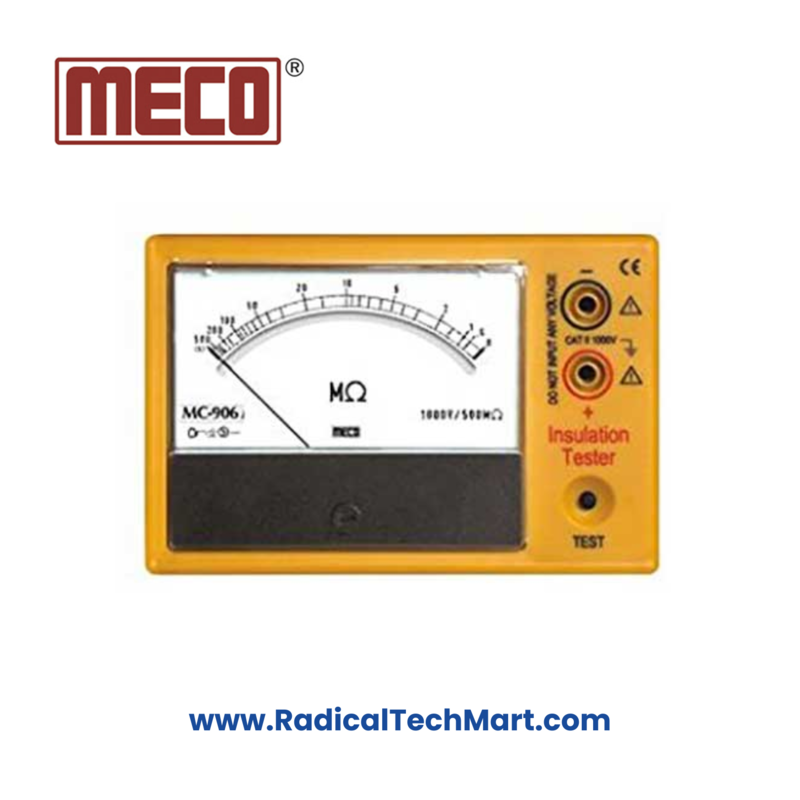 Alt Text: MECO MC 906 Analog Insulation Tester with leads and case