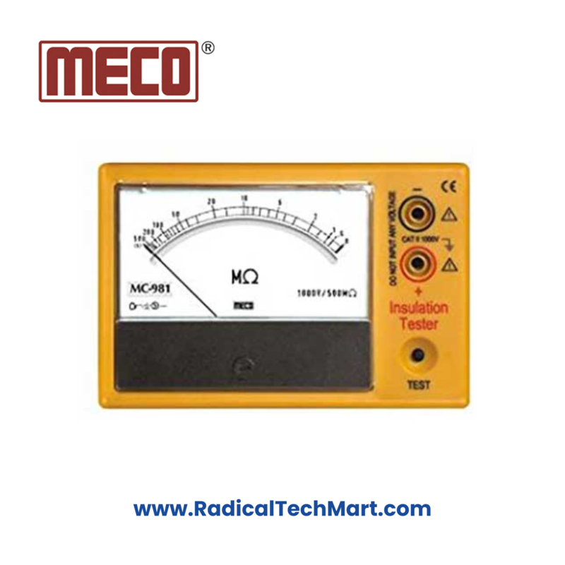 MECO MC-981 Series Analog Insulation Tester Front View with Leads and Carry Case