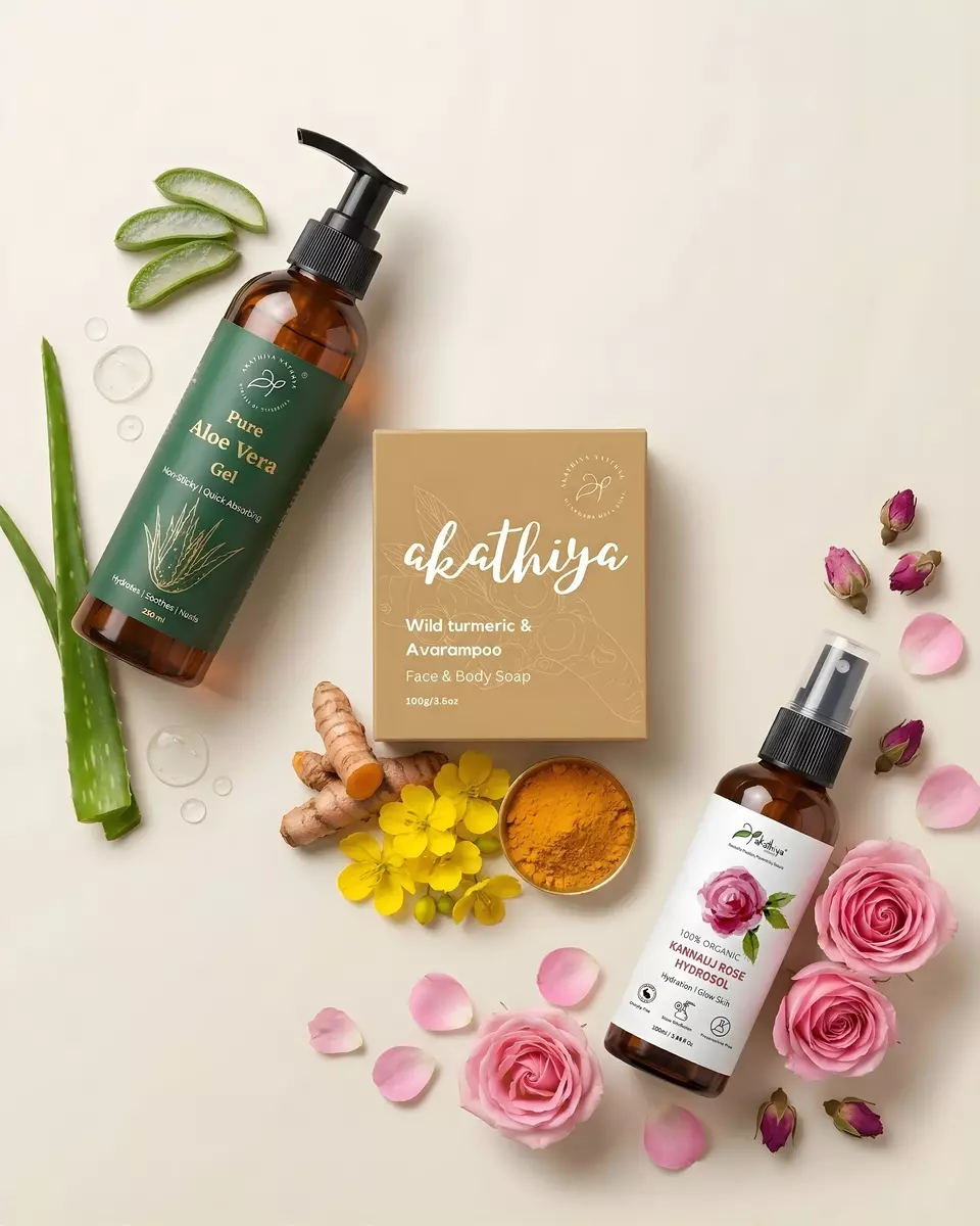 Akathiya Hydration & Glow Kit – Aloe Vera Gel, Rose Hydrosol & Wild Turmeric Soap