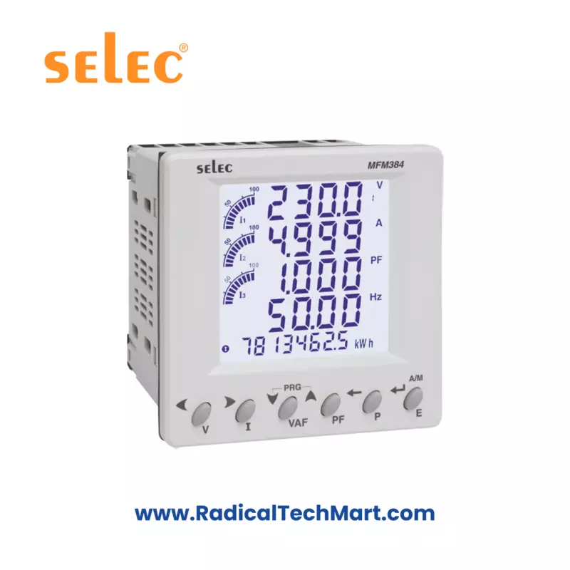 Selec MFM384 Multifunction Meter – Front View with LCD Display and Panel Mount