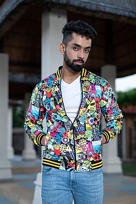 Black Quirky Printed Velvet Jacket