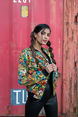 Black Quirky Printed Velvet Jacket