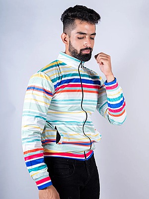 Multicolor Stripes Printed Velvet Jacket
