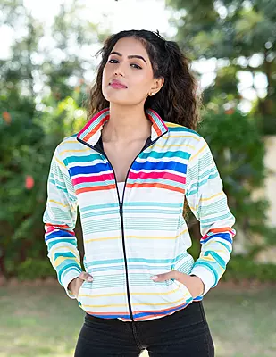 Multicolor Stripes Printed Velvet Jacket