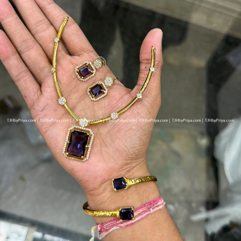 Party Wear Necklace With Purple Stone With Bracelet (SKU- 215)