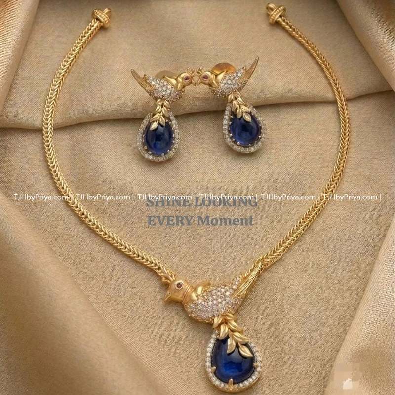 Simple Chain With Pendant And Earrings Blue Stone Kids And Adult (TJH 476)