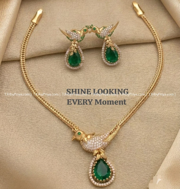 Simple Chain With Pendant And Earrings Green Stone Kids And Adult (TJH 477)