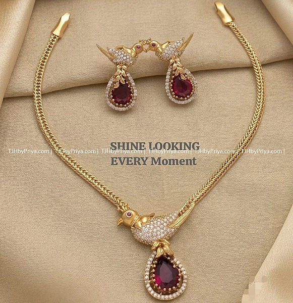 Simple Chain With Pendant And Earrings Red Stone Kids And Adult (TJH 478)