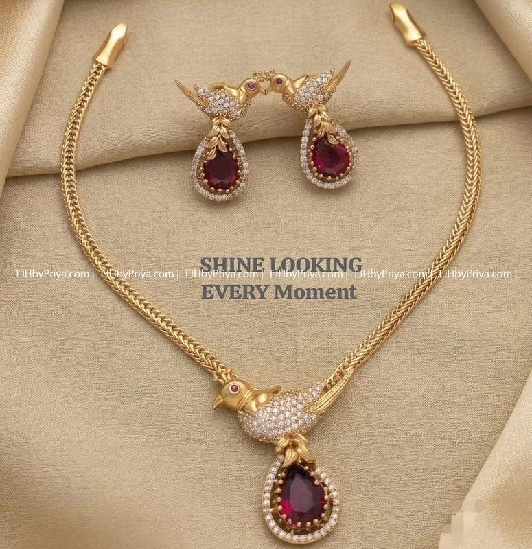 Simple Chain With Pendant And Earrings Red Stone Kids And Adult (TJH 478)