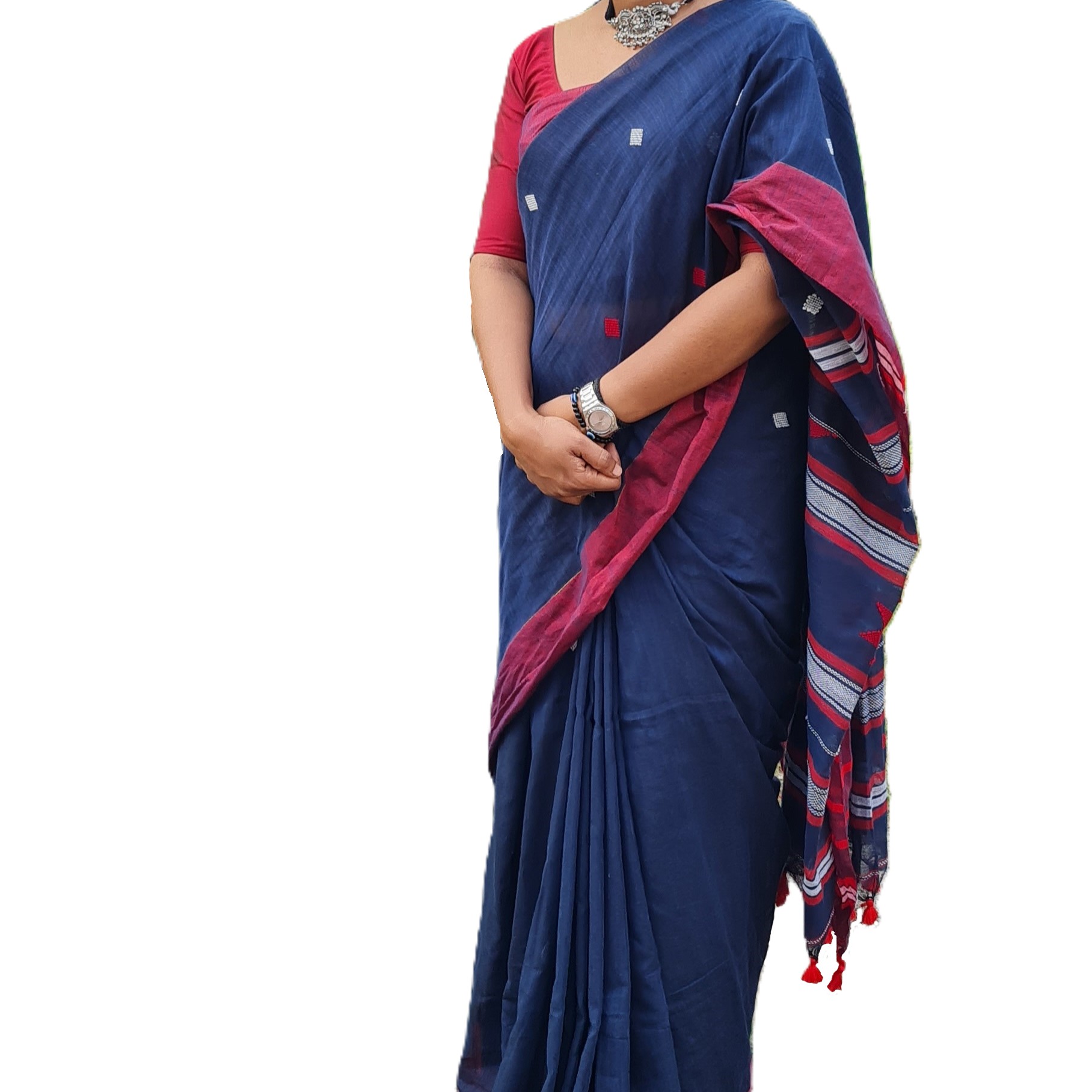 Navy Blue & Red Handloom Khadi Cotton Saree