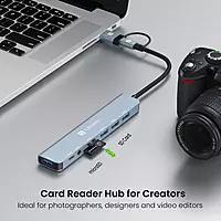 Portronics MPORT 8 PLUS - 8in2 Multiport Hub with USB+Type-C to USB*4, PD, Aux, TF & SD  Ports. Aluminium body