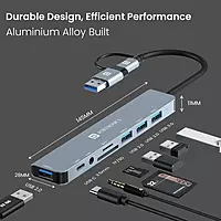 Portronics MPORT 8 PLUS - 8in2 Multiport Hub with USB+Type-C to USB*4, PD, Aux, TF & SD  Ports. Aluminium body