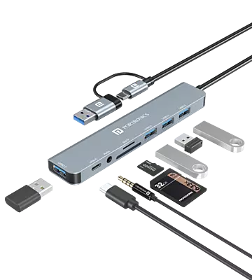 Portronics MPORT 8 PLUS - 8in2 Multiport Hub with USB+Type-C to USB*4, PD, Aux, TF & SD  Ports. Aluminium body
