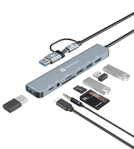 Portronics MPORT 8 PLUS - 8in2 Multiport Hub with USB+Type-C to USB*4, PD, Aux, TF & SD  Ports. Aluminium body