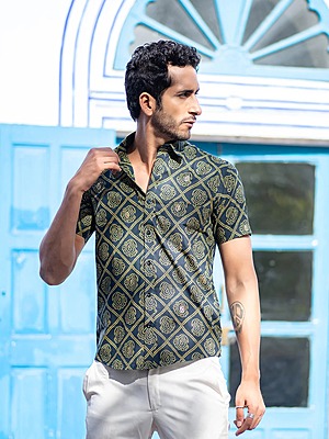 Green Jaipuri Printed Cotton Half  Shirt