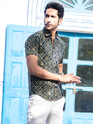 Green Jaipuri Printed Cotton Half  Shirt