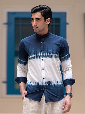 Blue tie and dye ombre Chinese collar shirt