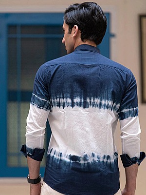 Blue tie and dye ombre Chinese collar shirt