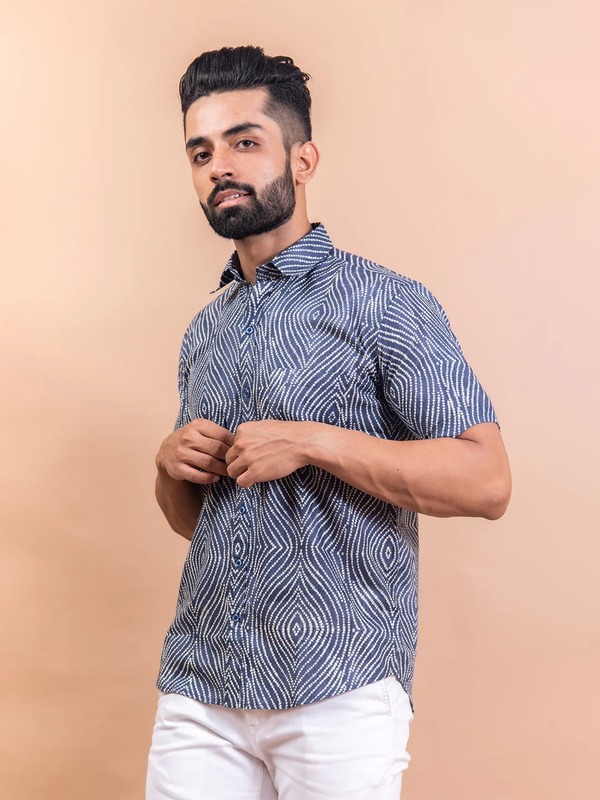 Blue Bandhej Printed Half Sleeves  Cotton Shirt