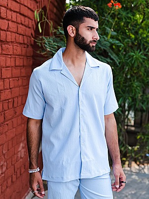 Pale Blue Oversized Popcorn  Texture Half Sleeves Shirt