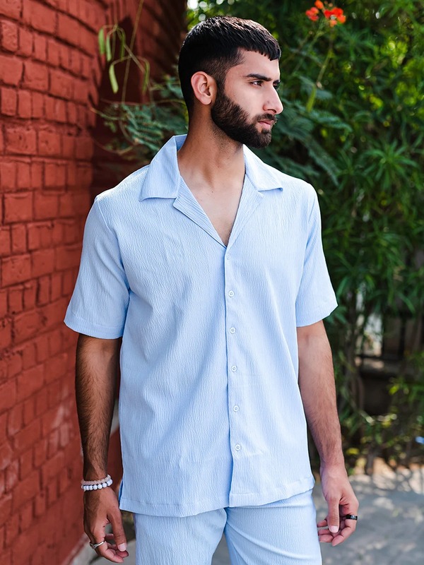 Pale Blue Oversized Popcorn  Texture Half Sleeves Shirt